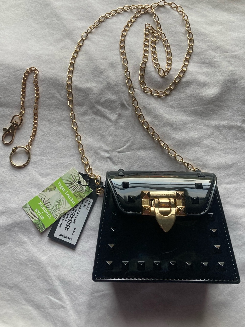 Kendall & Kylie Vegan Black Patent Faux Leather Mini Crossbody w Gold Chain